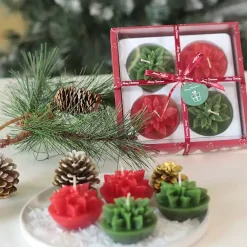 Hot Green & Red Poinsettia Candles, Set of 4 Christmas Decorations