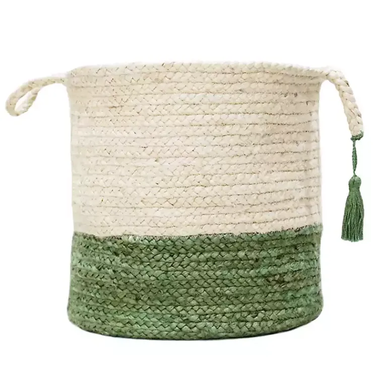 Online Green and Cream Woven Basket with Tassel, 17 in. Baskets & Boxes