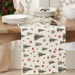 Kirklands Home Table Linens|Green Christmas Trees and Snowflakes Table Runner