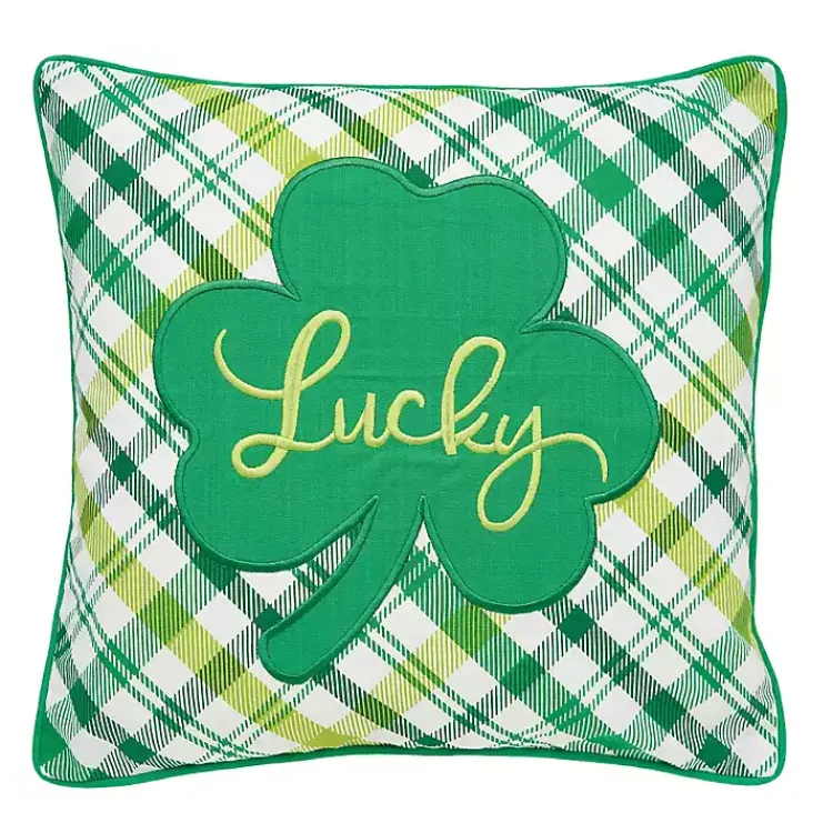Discount Green Lucky Clover Plaid Pillow Pillows