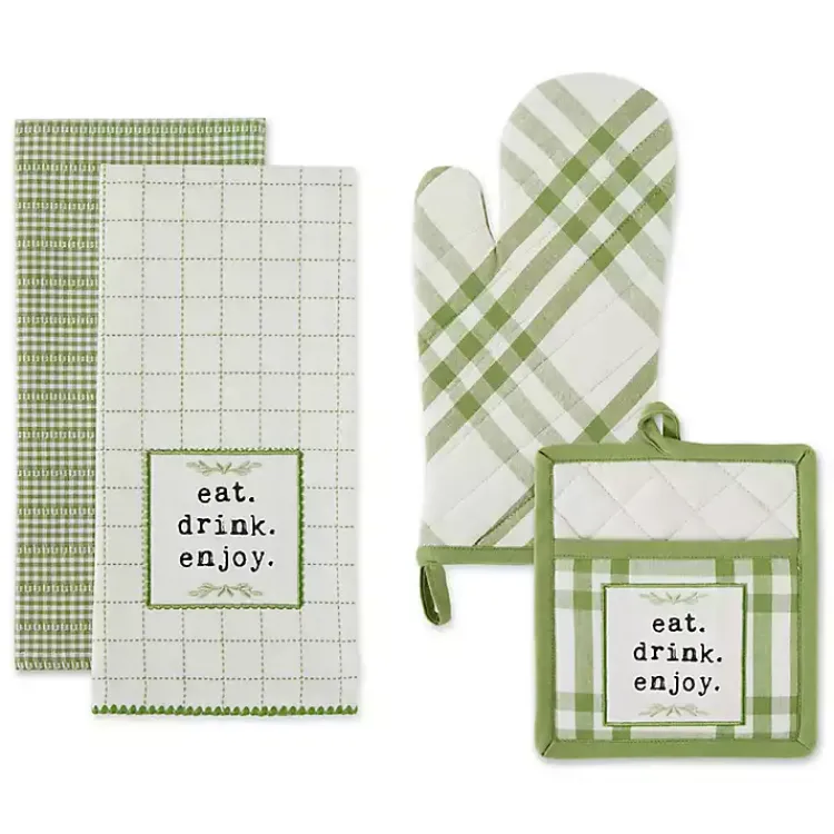 Kirklands Home Kitchen Accessories|Green Plaid Eat Drink Enjoy 4-pc. Dish Towel Set