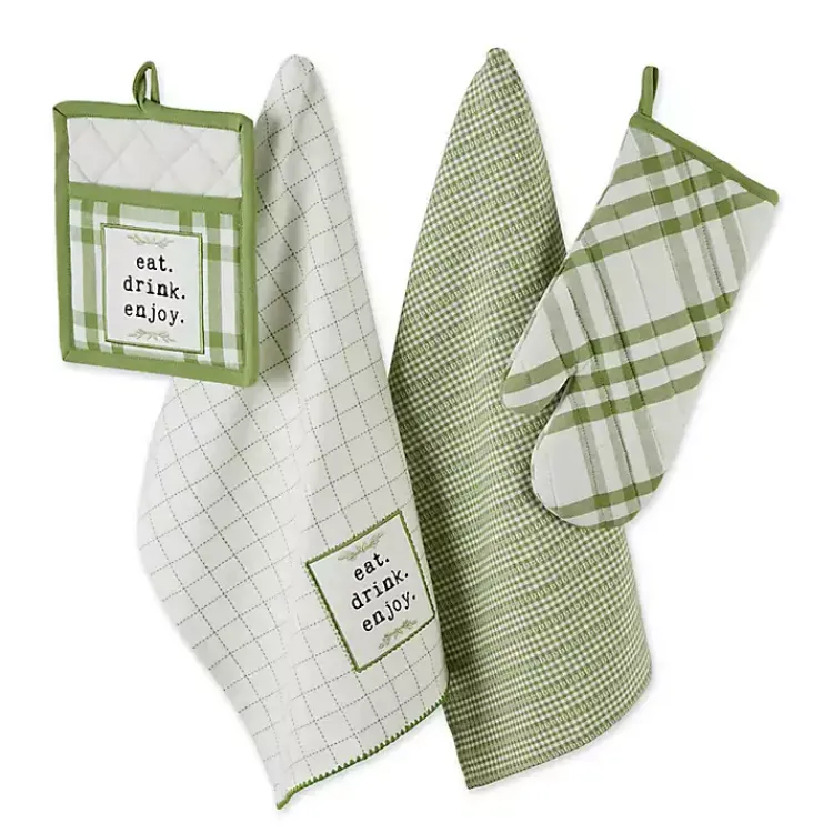 Kirklands Home Kitchen Accessories|Green Plaid Eat Drink Enjoy 4-pc. Dish Towel Set