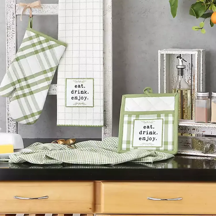 Kirklands Home Kitchen Accessories|Green Plaid Eat Drink Enjoy 4-pc. Dish Towel Set
