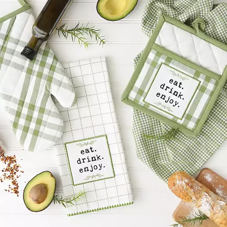 Kirklands Home Kitchen Accessories|Green Plaid Eat Drink Enjoy 4-pc. Dish Towel Set