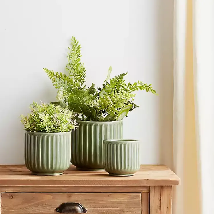 Kirklands Home Planters|Ribbed Terracotta Planters, Set of 3 Green