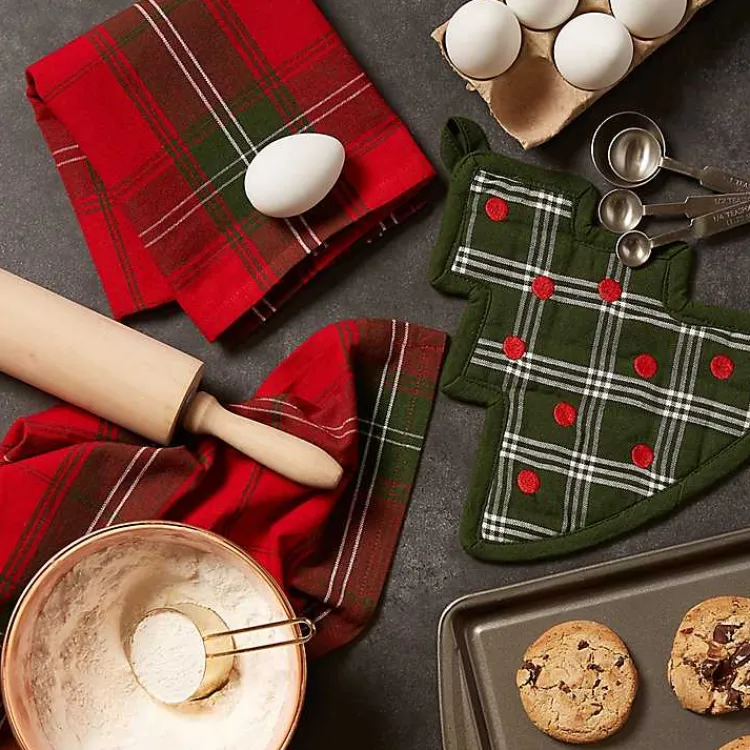 Discount Green Tree Plaid 3-pc. Dishtowel & Potholder Set Christmas Dining & Entertaining