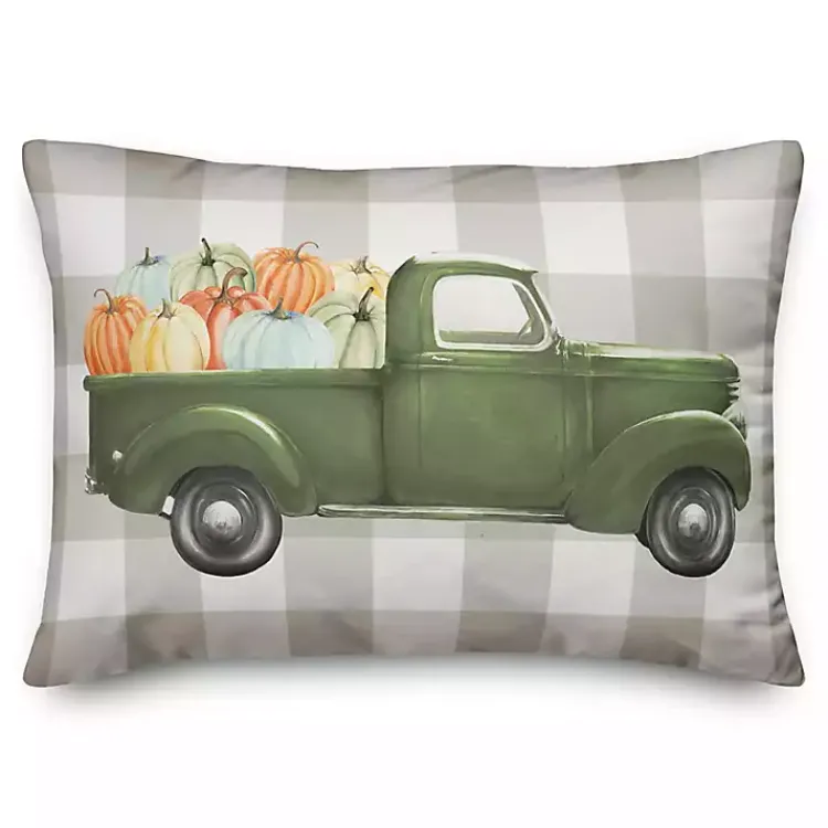 Sale Green Truck with Pumpkins Tan Buffalo Check Pillow Fall