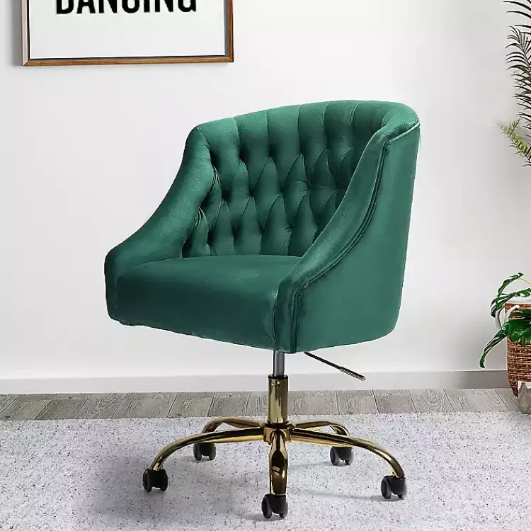 Kirklands Home Office Furniture|Velvet Tufted Golden Leg Swivel Office Chair Green