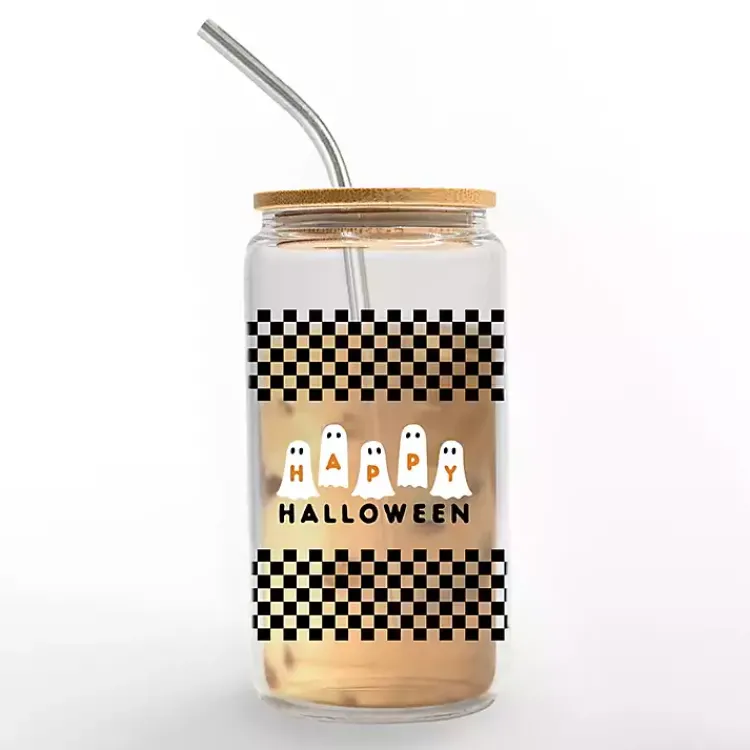 Kirklands Home Glassware & Drinkware|Happy Halloween Ghosts Checkered Halloween Tumbler