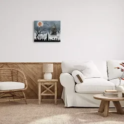 Hot Haunted House Witch Scene Canvas Wall Plaque Halloween