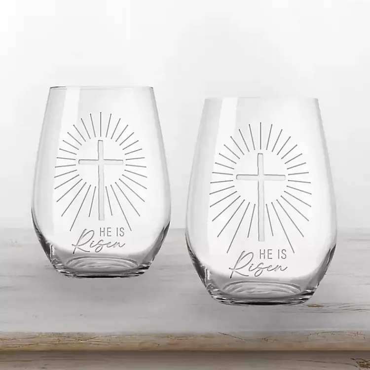 Hot He is Risen Engraved 2-pc. Stemless Wine Glass Set Easter Decorations