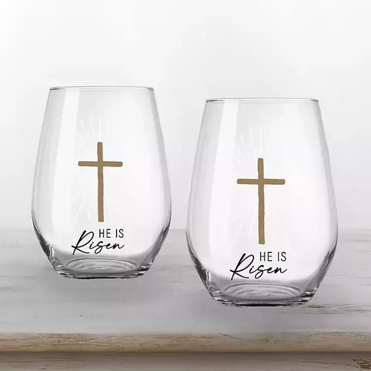 Outlet He is Risen Printed 2-pc. Stemless Wine Glass Set Easter Decorations
