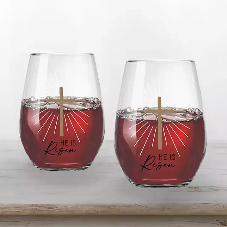 Outlet He is Risen Printed 2-pc. Stemless Wine Glass Set Easter Decorations