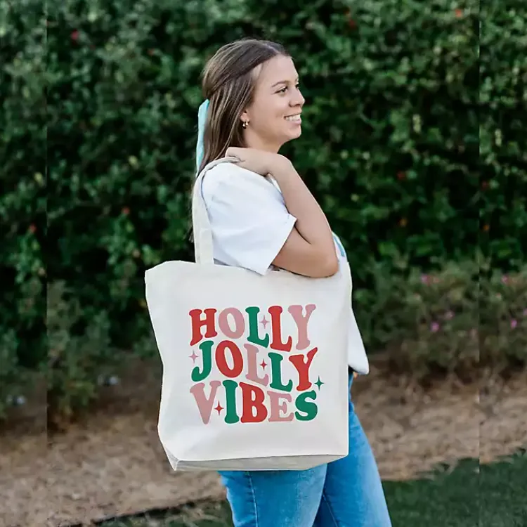 Best Holly Jolly Vibes Canvas Tote Bag Christmas Decorations