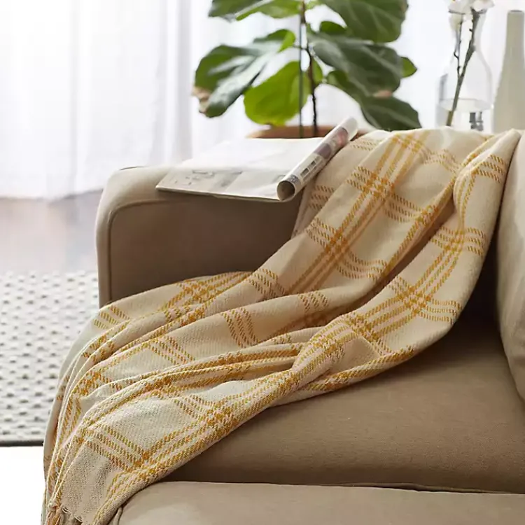 Hot Honey Gold Plaid Fringe Throw Blankets & Throws