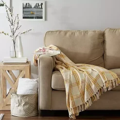 Hot Honey Gold Plaid Fringe Throw Blankets & Throws