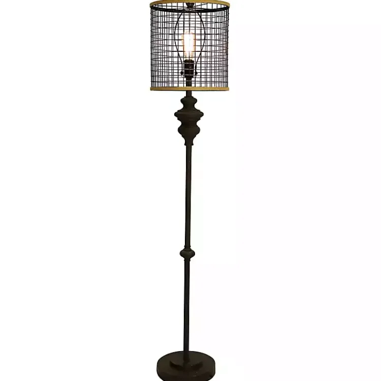 Kirklands Home Floor Lamps|Industrial Edison Bulb Metal Mesh Shade Floor Lamp Black