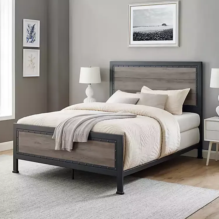 Kirklands Home Beds & Headboards|Industrial Wood Queen Bed with Metal Frame Brown