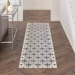 Kirklands Home Outdoor Rugs|Ivory & Black Quatrefoil Indoor/Outdoor Runner