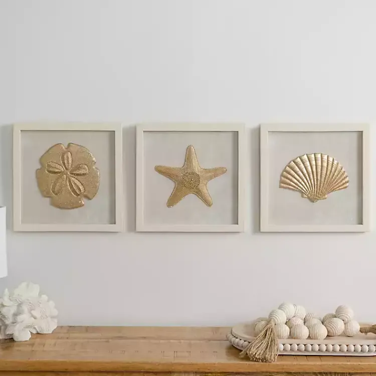 Kirklands Home Wall Plaques|Ivory and Gold Shell Shadow Wall Plaques, Set of 3