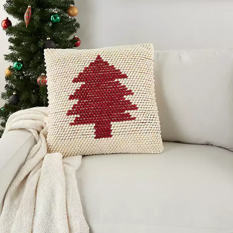 Discount Ivory and Red Looped Christmas Tree Throw Pillow Christmas Pillows