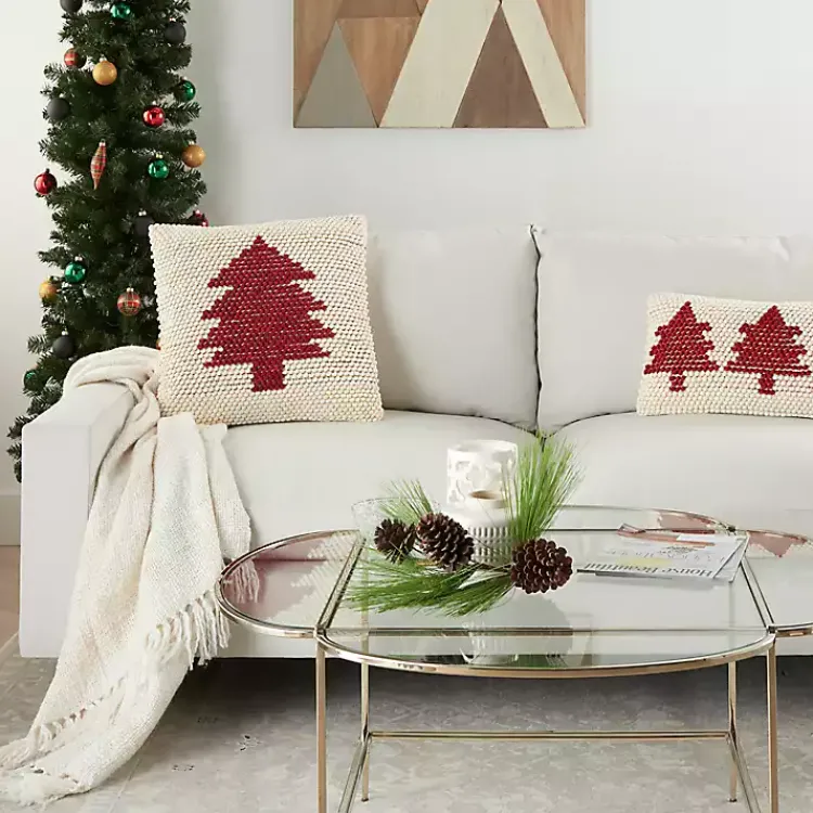 Discount Ivory and Red Looped Christmas Tree Throw Pillow Christmas Pillows