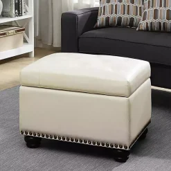 Kirklands Home Benches & Ottomans|Faux Leather Jessy Storage Ottoman Ivory