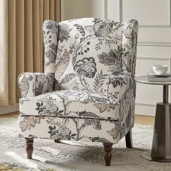 Kirklands Home Accent Chairs|Ivory Floral Brocade Wingback Ella Armchair