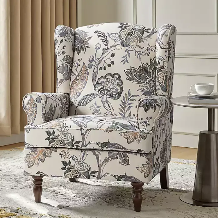 Kirklands Home Accent Chairs|Ivory Floral Brocade Wingback Ella Armchair