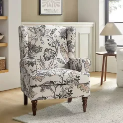 Kirklands Home Accent Chairs|Ivory Floral Brocade Wingback Ella Armchair