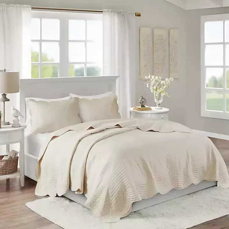 Kirklands Home Bedspreads & Coverlets|Scalloped Monica 3-pc. King Coverlet Set Ivory
