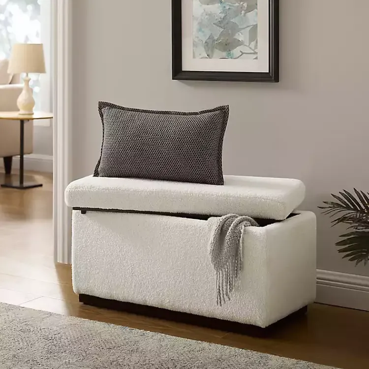 Kirklands Home Benches & Ottomans|Ivory Sherpa & Walnut Rectangle Storage Ottoman