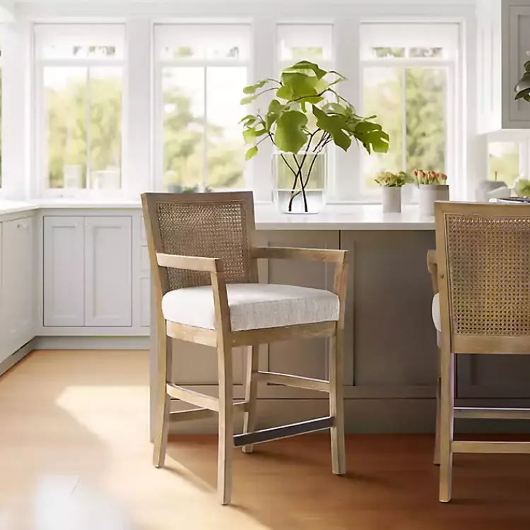 Kirklands Home Bar Stools & Counter Height Stools|Upholstered Cane Backrest Counter Stool Ivory
