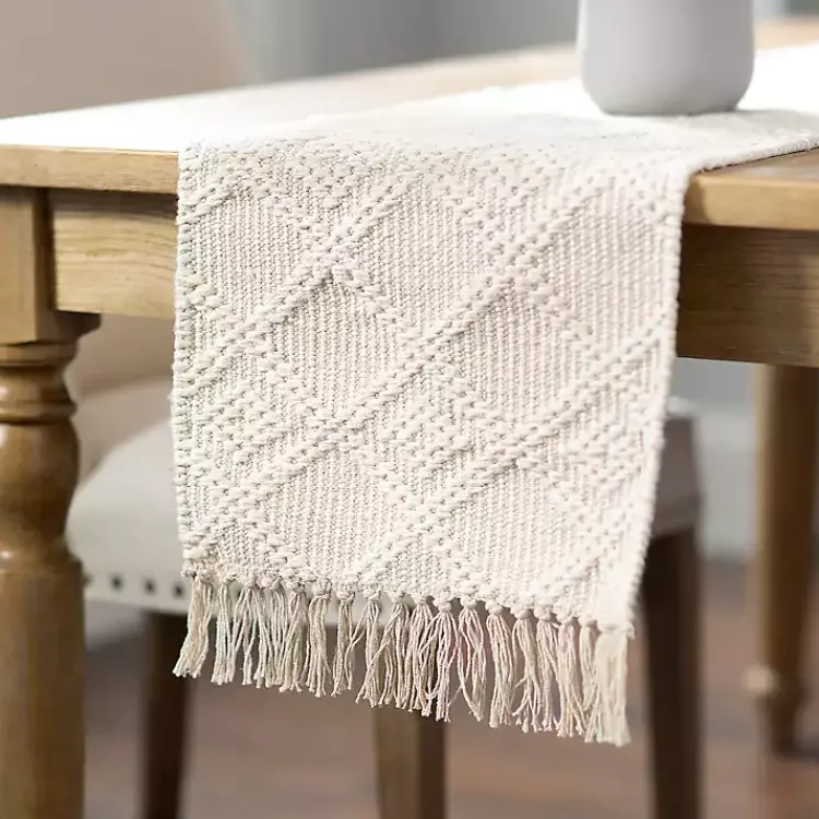 Kirklands Home Table Linens|Woven Lattice Tasseled Table Runner Ivory