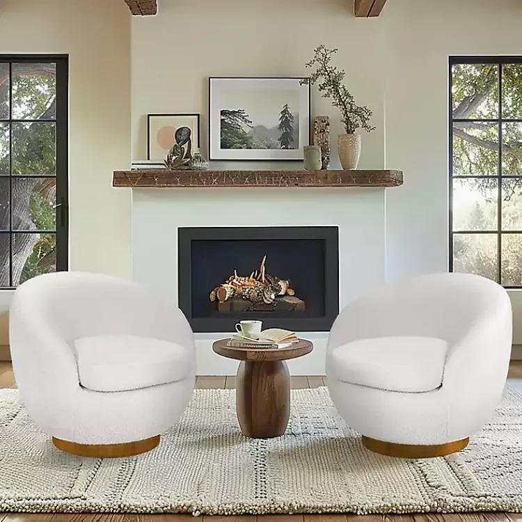 Kirklands Home Accent Chairs|Jessel Cream Sherpa Swivel Chair with Wood Base White