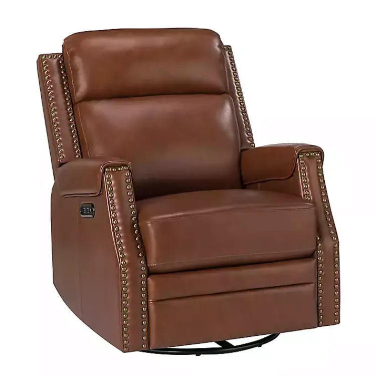 Kirklands Home Accent Chairs|Johanna Leather Swivel Power Recliner Brown