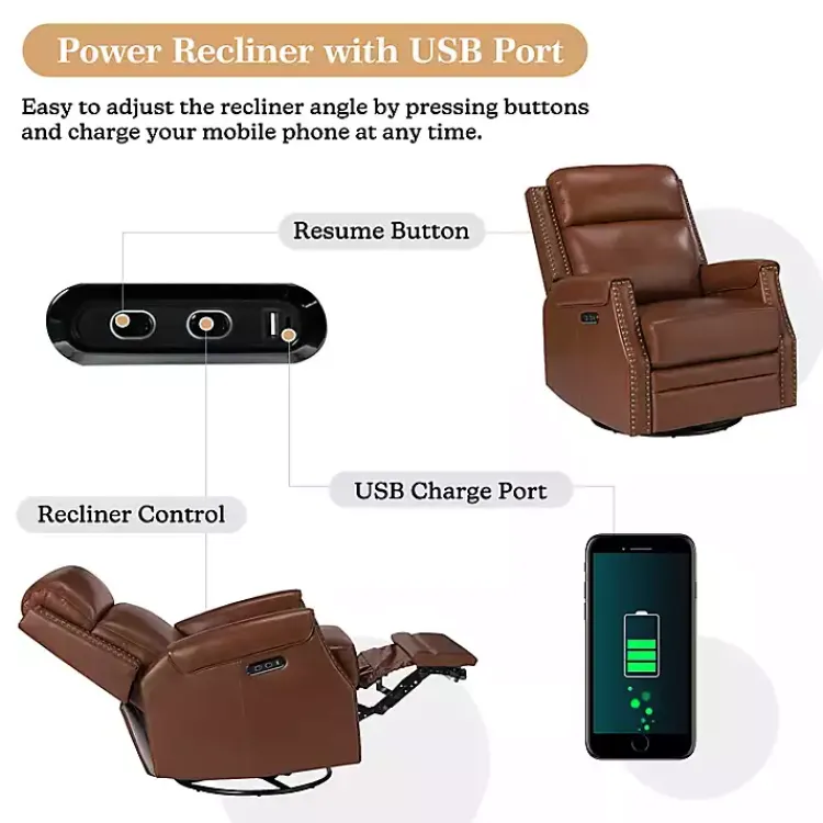 Kirklands Home Accent Chairs|Johanna Leather Swivel Power Recliner Brown