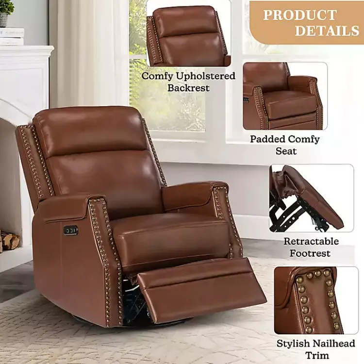 Kirklands Home Accent Chairs|Johanna Leather Swivel Power Recliner Brown