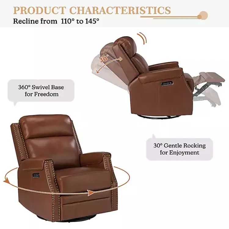 Kirklands Home Accent Chairs|Johanna Leather Swivel Power Recliner Brown