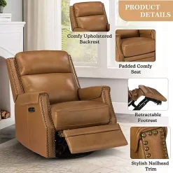 Kirklands Home Accent Chairs|Johanna Leather Swivel Power Recliner Tan