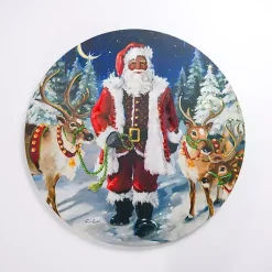 Outlet Jolly Santa with Reindeer Round Canvas Art Print Christmas Art & Wall Decor