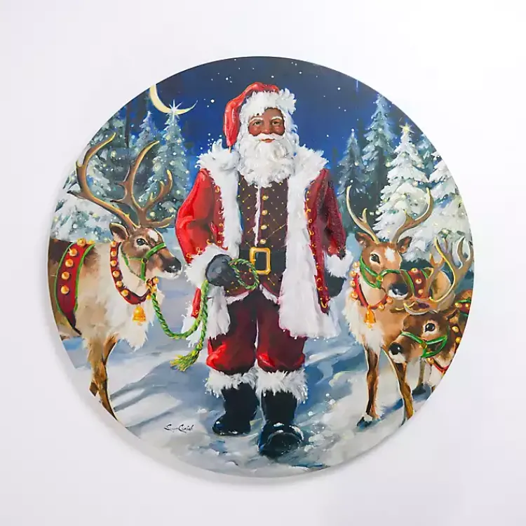 Outlet Jolly Santa with Reindeer Round Canvas Art Print Christmas Art & Wall Decor