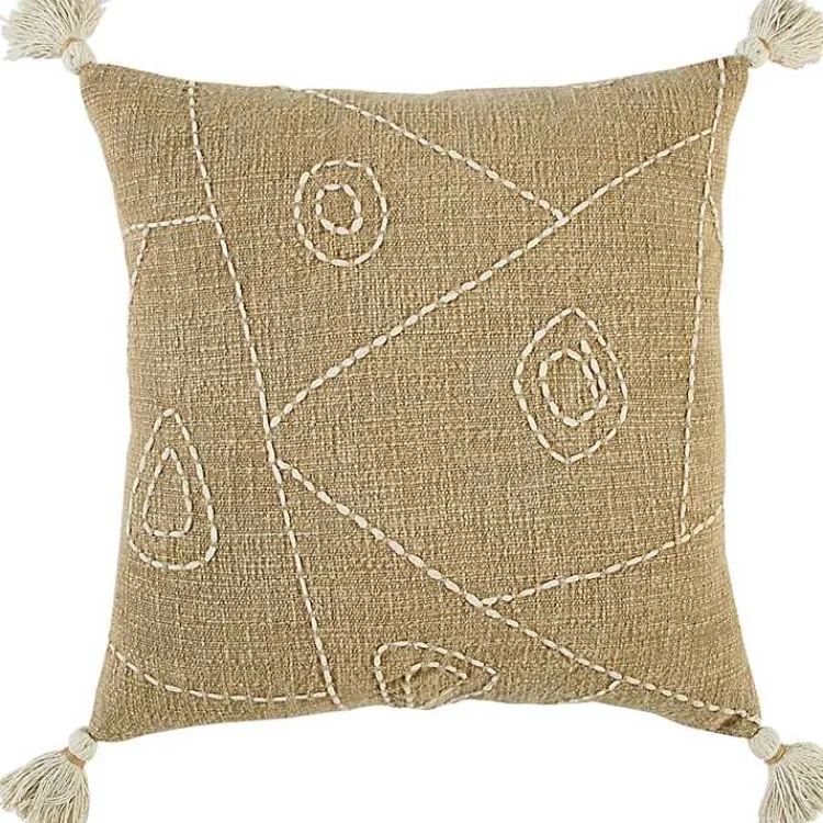 Outlet Kantha Khaki Handstitched Throw Pillow Pillows