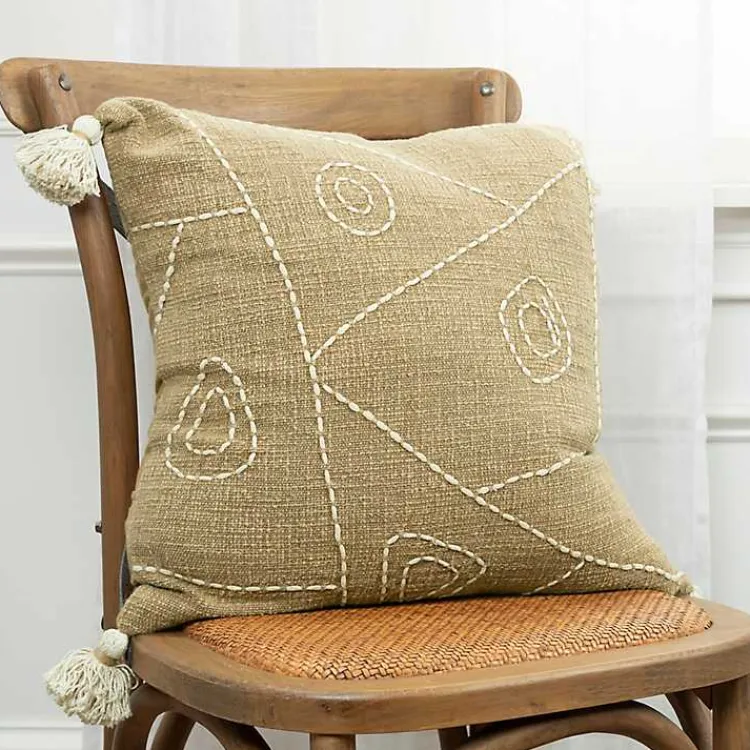 Outlet Kantha Khaki Handstitched Throw Pillow Pillows