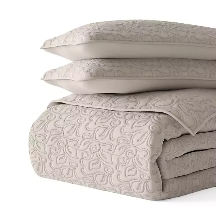Kirklands Home Quilts|Latte Floral Stitch 3-pc. Queen Quilt Set Tan