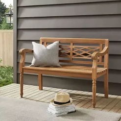Kirklands Home Outdoor Seating|Lattice Teakwood Slatted Outdoor Bench Tan
