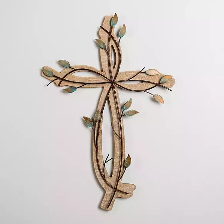 Kirklands Home Wall Plaques|Leafy Cross Wood and Metal Wall Plaque Brown