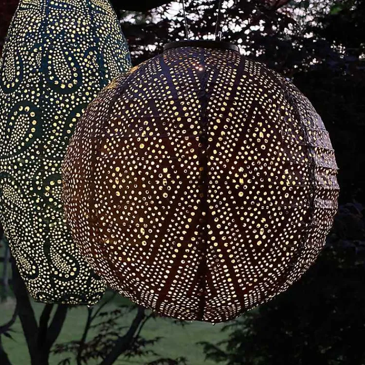 Kirklands Home Outdoor Lighting|LED Round Copper Outdoor Hanging Lantern Orange