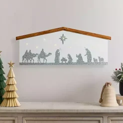 New LED Silver Glitter Nativity Wall Plaque Christmas Art & Wall Decor