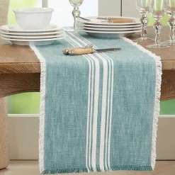 Kirklands Home Table Linens|Light Blue Striped Fringe Table Runner, 72 in.